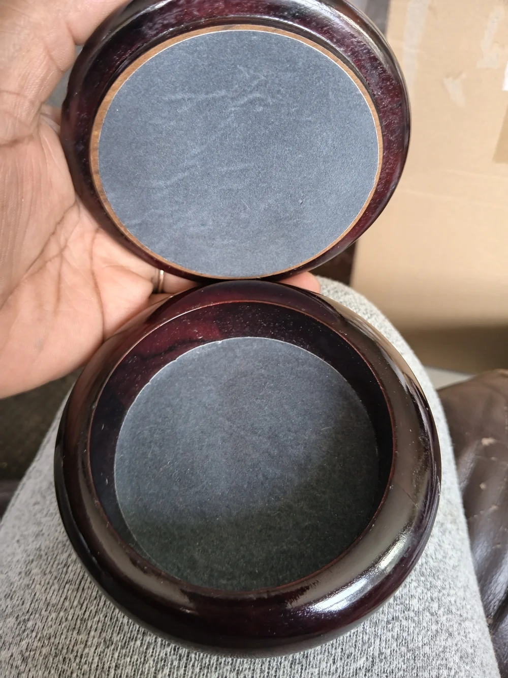 Polished Agate Stone Display on Dark Wood Base Trinket Box